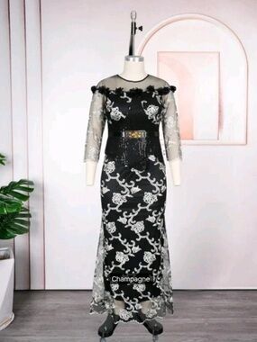 Women's Black Lace Evening Dress with Sheer Sleeves